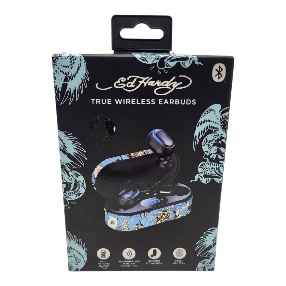 Ed Hardy True Wireless Earbuds Blue Tattoo Designer New